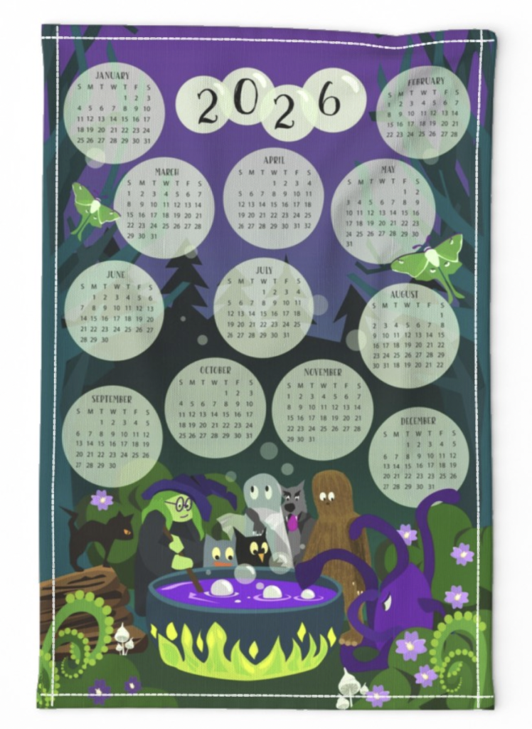 2026 Tea towel calendar featuring a night forest scene of a with and cryptid friends around cauldron with bubbles rising out of the cauldron. Inside bubbles in the top part of the image are calendar months of the year.