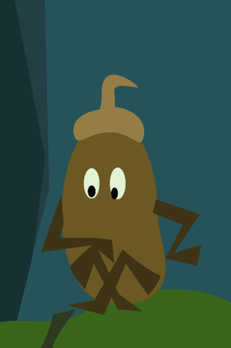 Vector image of an acorn-inspired creature sitting on a green leaf blog with a dark blue background.