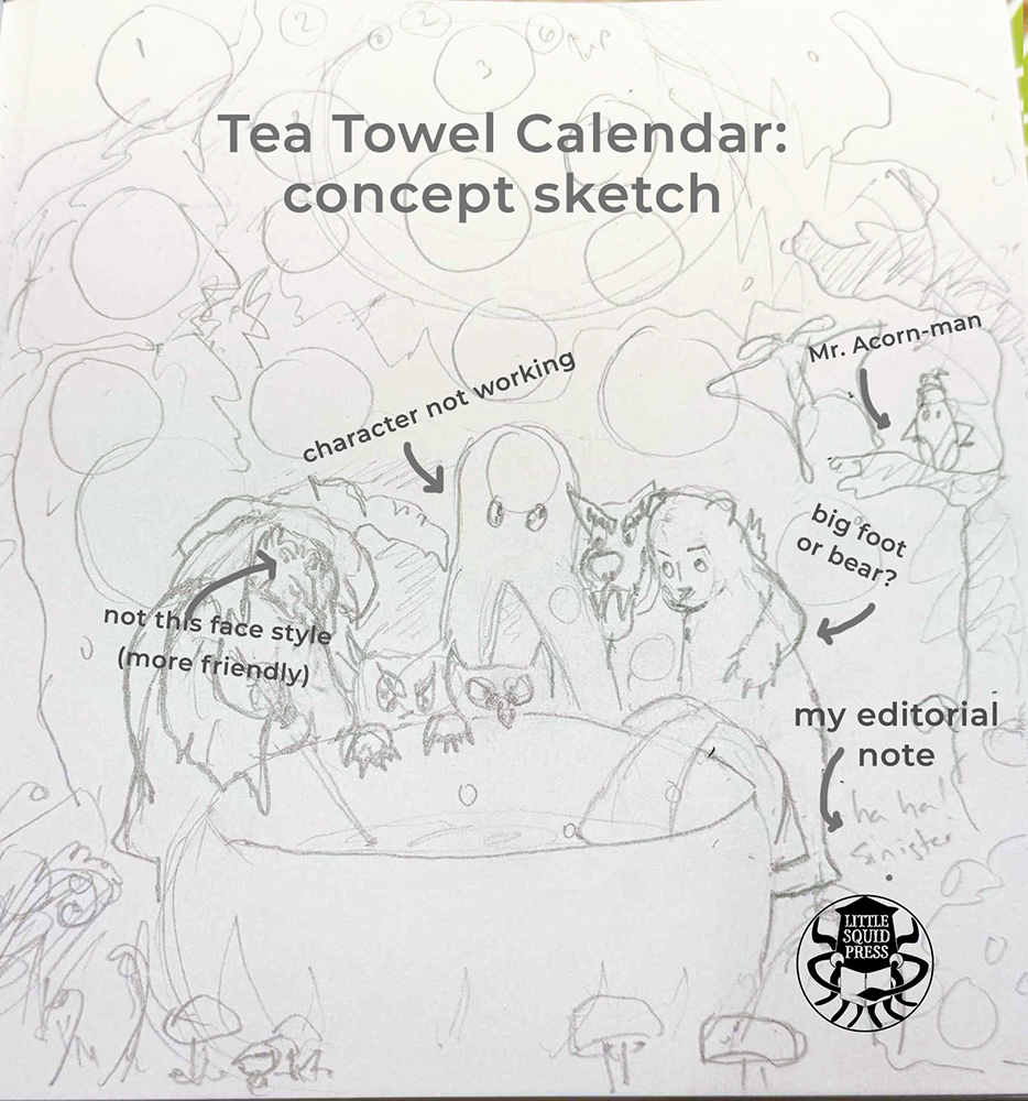 Annotated concept sketch for the Little Squid Press Tea Towel Calendar showing woodland characters gathered around a cauldron with handwritten editorial notes documenting the illustration development process. Sketch in pencil. Comments done in PS.
