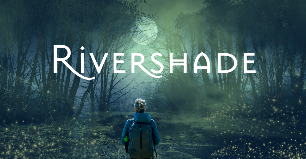 Header image for Rivershade, an urban fantasy seria. A woman stands with her back to viewer looking toward a river running through a forest at night during a full moon. Fireflies in the foreground