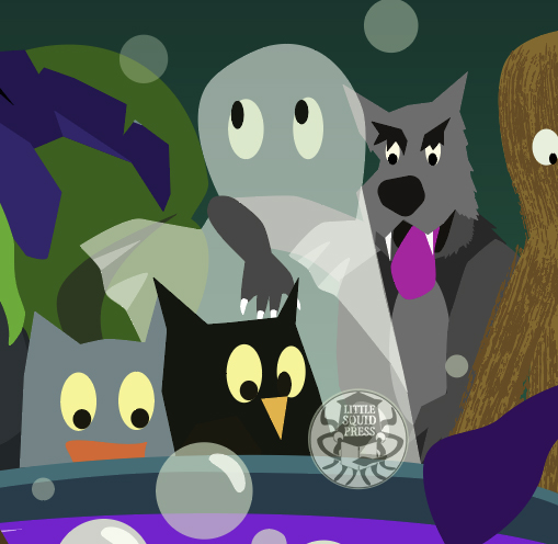 Excerpt of Brewing Up the Magic for 2026 focusing on the ghost in the crytpids and folklore creatures section. Next to the ghost is a wolf and on th other side are two owl-like creatures.