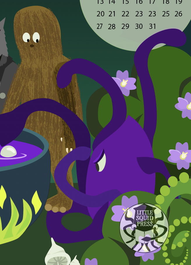 Brewing Up the Magic for 2026 is a vector design by Lori Ono of Little Squid Press. Image features forest witch and crytpid friends around a cauldron while bubble emerge from the brew and form months of the year.